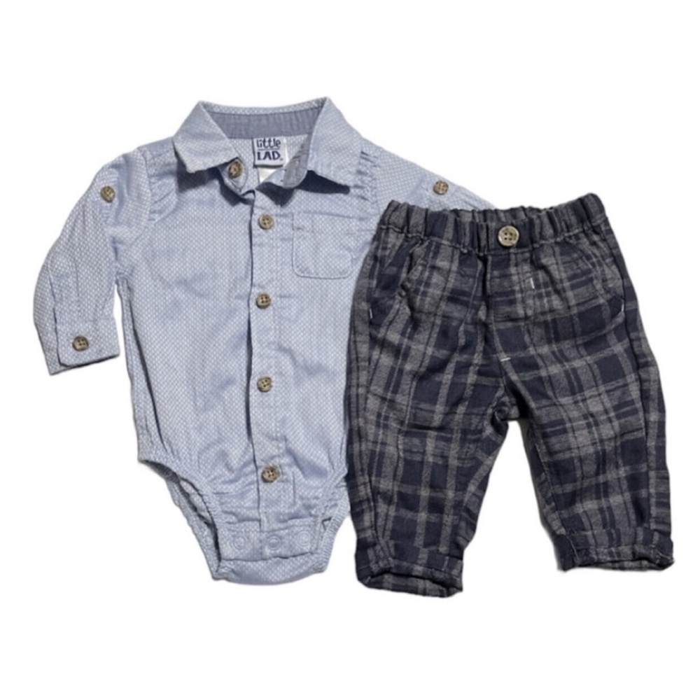 Little Lad baby boy button down style bodysuit & plaid pants outfit 0-3m